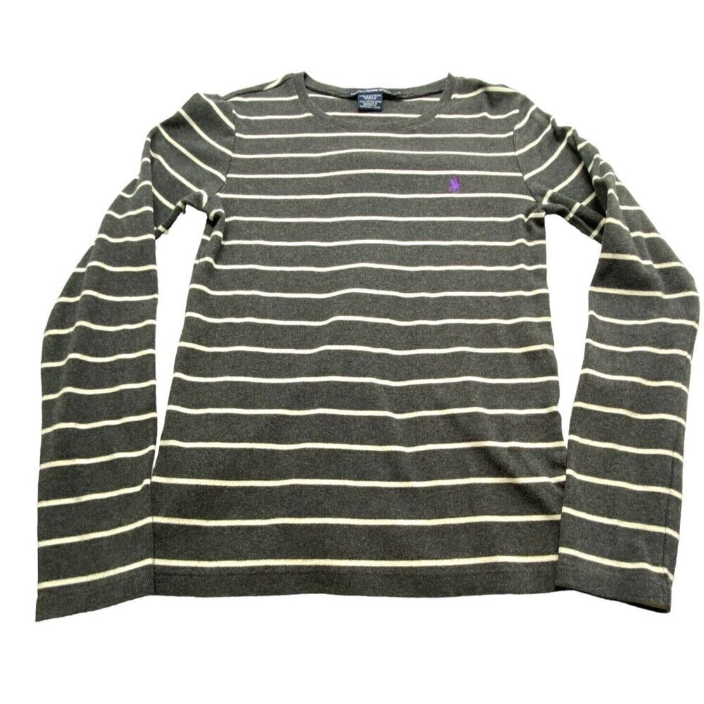 RALPH LAUREN Women Tee Size L‎ Gray Long Sleeve Sport Striped Purple Horse 79-13
